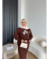 Pls-Çiçek Detay Jile Elbise - Kahve