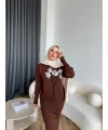 Pls-Çiçek Detay Jile Elbise - Kahve
