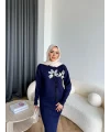Pls-Çiçek Detay Jile Elbise - Lacivert