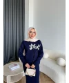 Pls-Çiçek Detay Jile Elbise - Lacivert