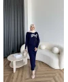 Pls-Çiçek Detay Jile Elbise - Lacivert