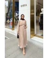 Talia Piliseli Şifon Elbise - Bej