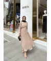 Talia Piliseli Şifon Elbise - Bej