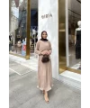 Talia Piliseli Şifon Elbise - Bej