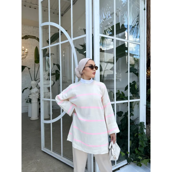 Çizgi Desen İspanyol Kol Triko Kazak - Pudra