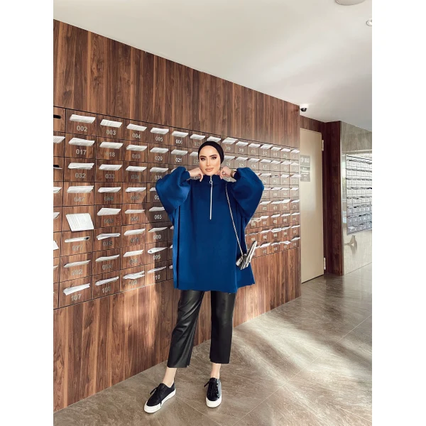 Fermuarlı Sweat Model Triko Kazak - Saks