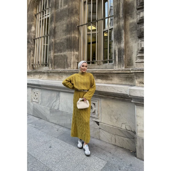 Işıl Örgü Triko Elbise - Yağ Yeşili