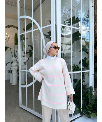 Çizgi Desen İspanyol Kol Triko Kazak - Pudra