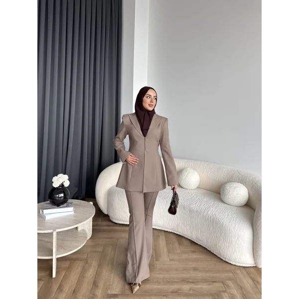 Fuş - Arna Düğme Detay Takım - Kahve
