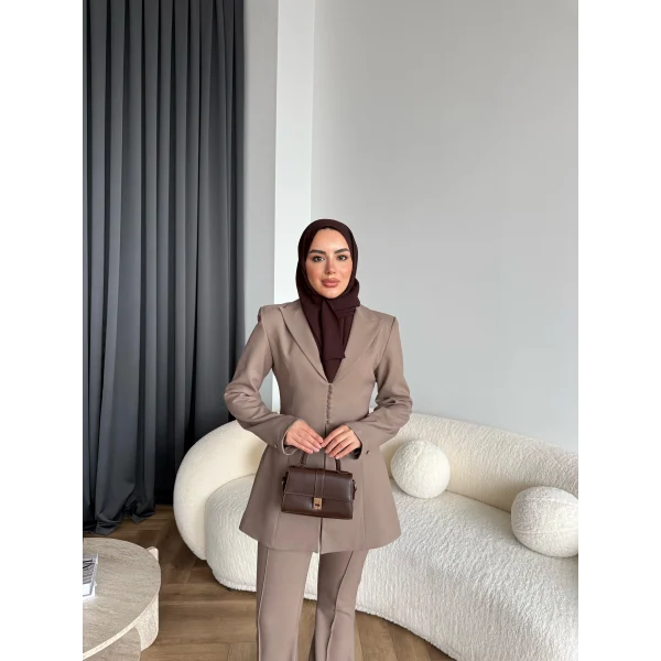 Fuş - Arna Düğme Detay Takım - Kahve