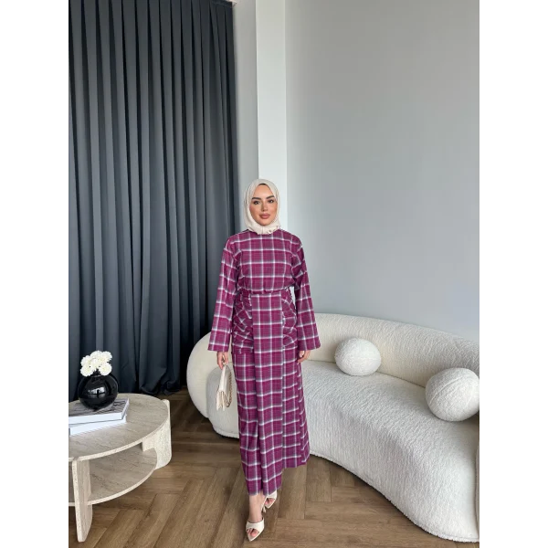 Qu - Carmen Kareli Etekli Takım - Bordo