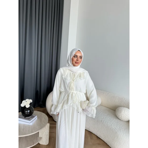 Ah - Elanar Fırfır Detaylı Pantolonlu Takım - Ekru