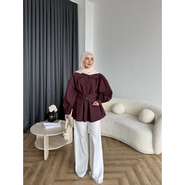 Hen - Mihra Bel Detaylı Gömlek - Bordo