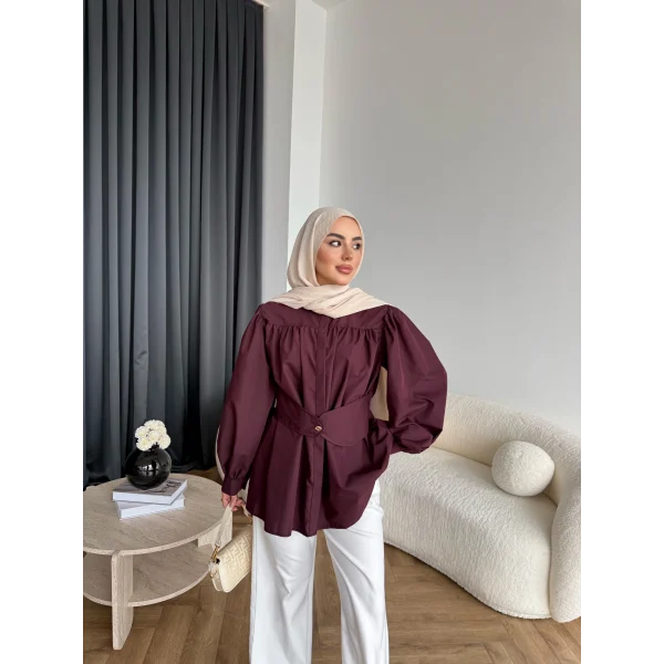 Hen - Mihra Bel Detaylı Gömlek - Bordo