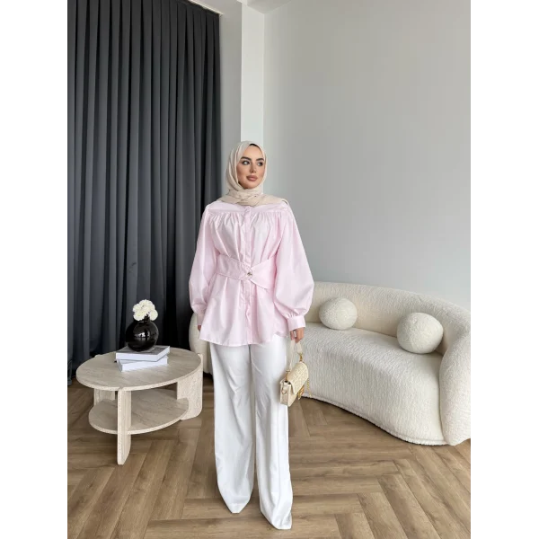 Hen - Mihra Bel Detaylı Gömlek - Pembe