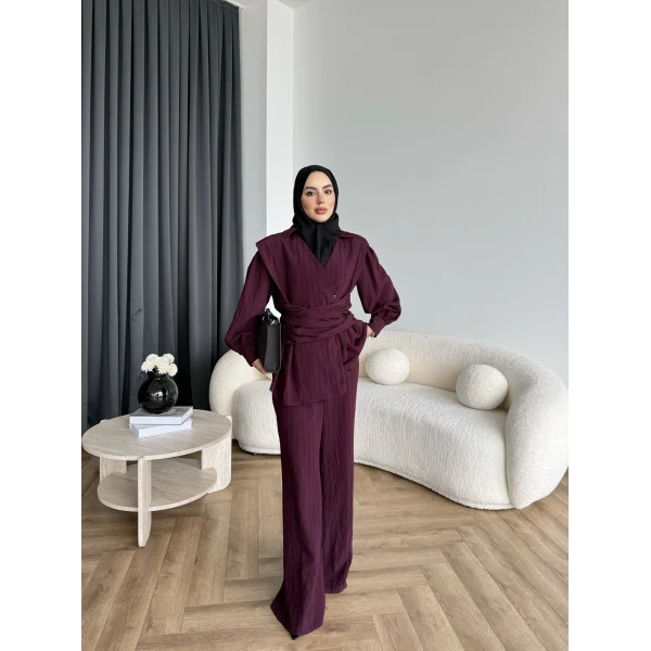 Duq - Gofre Çizgili Takım - Bordo
