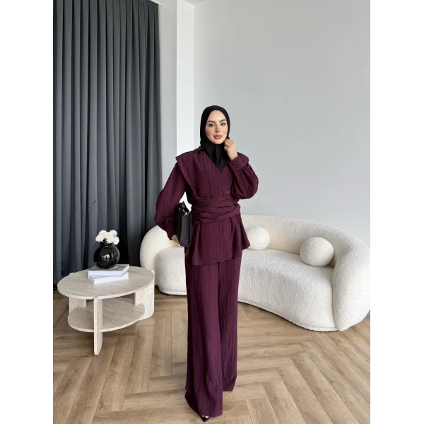 Duq - Gofre Çizgili Takım - Bordo