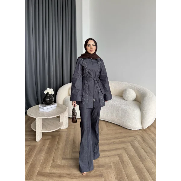 Fuş - Taş Detaylı Fermuarlı Pantolonlu Takım - Lacivert