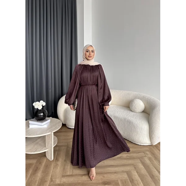 Hew - Gasto Taşlı Saten Elbise - Bordo