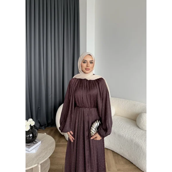 Hew - Gasto Taşlı Saten Elbise - Bordo