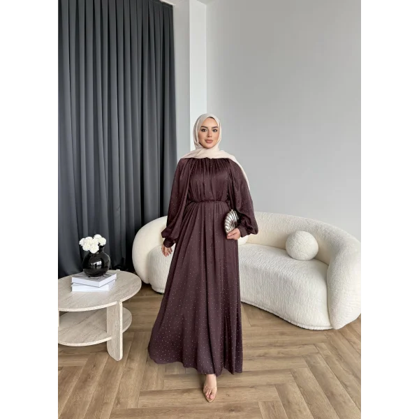 Hew - Gasto Taşlı Saten Elbise - Bordo