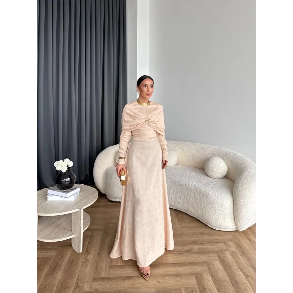 Fuş - Orchid Şal Detaylı Broşlu Elbise - Krem