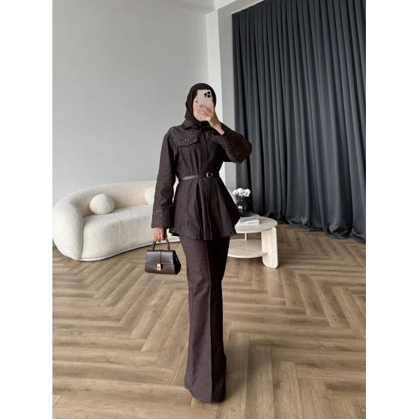 Tb - Stew Taş Detay Denim Takım - Kahve