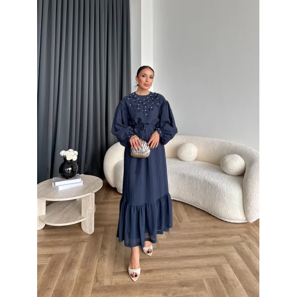 Fuş - Evelia Çiçekli Taşlı Elbise - Lacivert