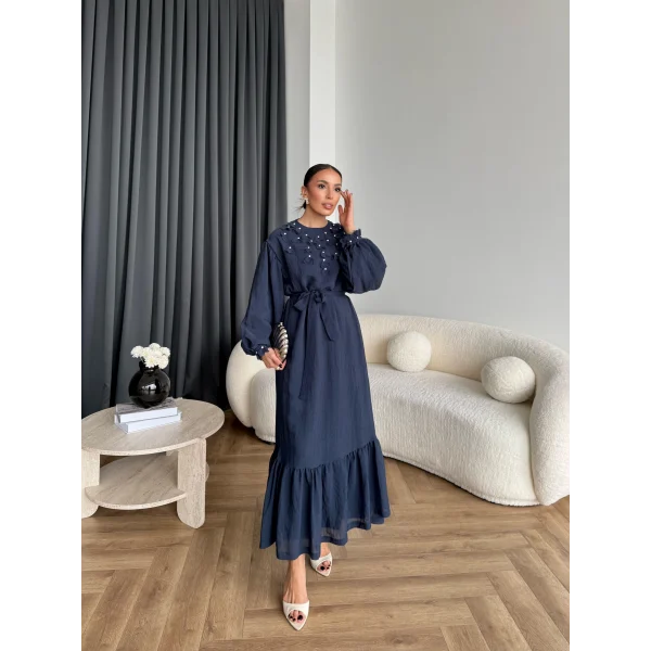 Fuş - Evelia Çiçekli Taşlı Elbise - Lacivert