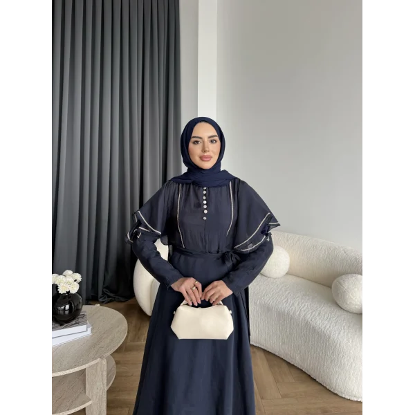 Fuş - Chic Nakış Detay Parlak Tensel Elbise - Lacivert