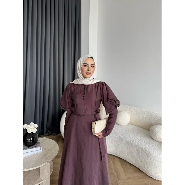 Fuş - Chic Nakış Detay Parlak Tensel Elbise - Mürdüm