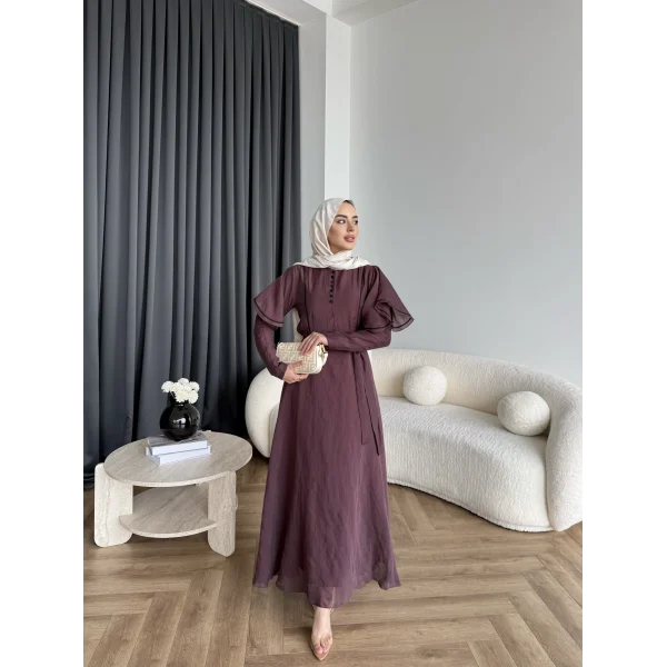Fuş - Chic Nakış Detay Parlak Tensel Elbise - Mürdüm