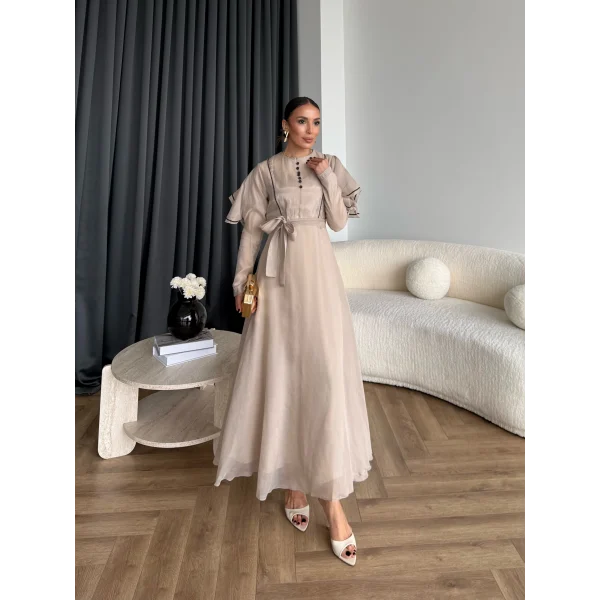 Fuş - Chic Nakış Detay Parlak Tensel Elbise - Bej