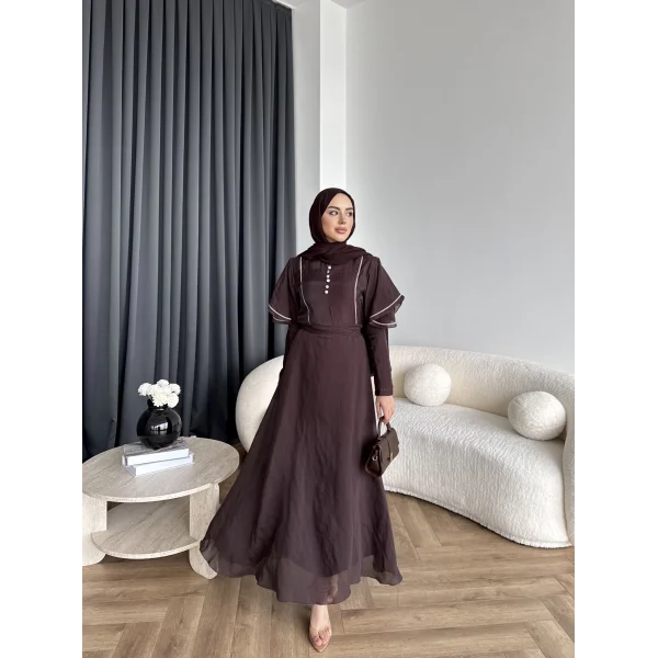 Fuş - Chic Nakış Detay Parlak Tensel Elbise - Kahve