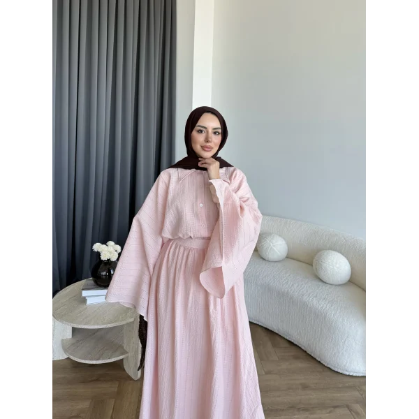 Qu - Yarasa Kol Brode Etekli Takım - Pembe