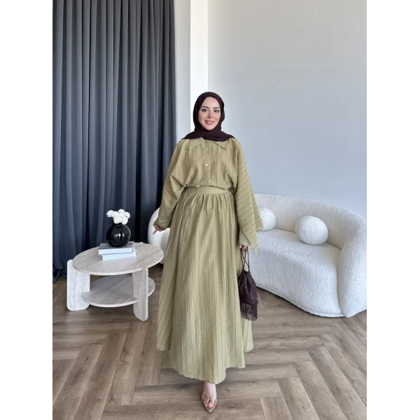 Qu - Yarasa Kol Brode Etekli Takım - Yağ Yeşili