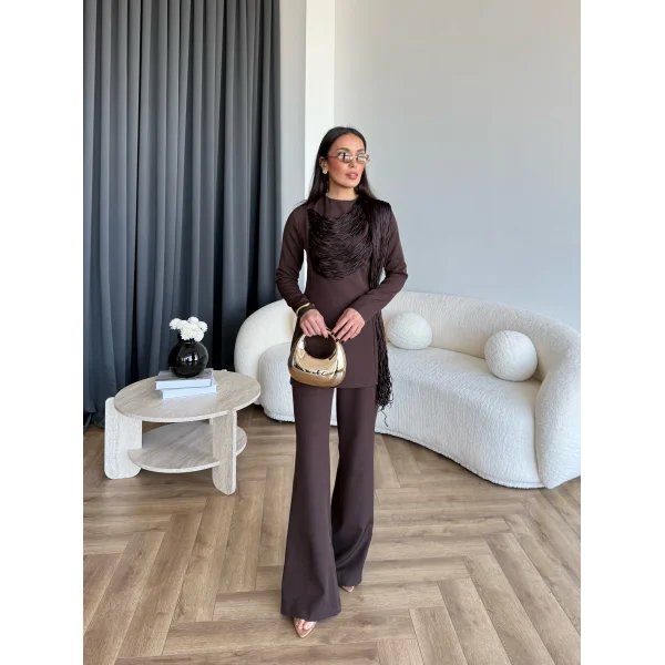 Fuş - Luxe Omuzu Püskül İpli Takım - Acı Kahve