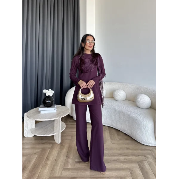 Fuş - Luxe Omuzu Püskül İpli Takım - Bordo