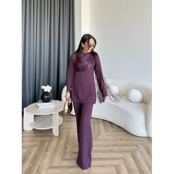 Fuş - Luxe Omuzu Püskül İpli Takım - Bordo