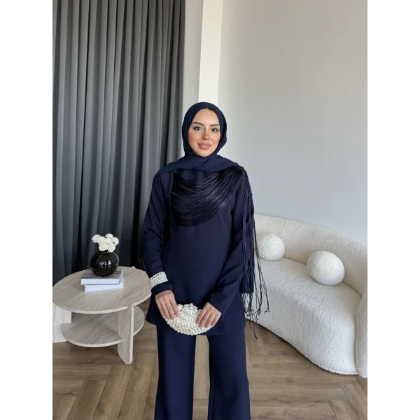 Fuş - Luxe Omuzu Püskül İpli Takım - Lacivert