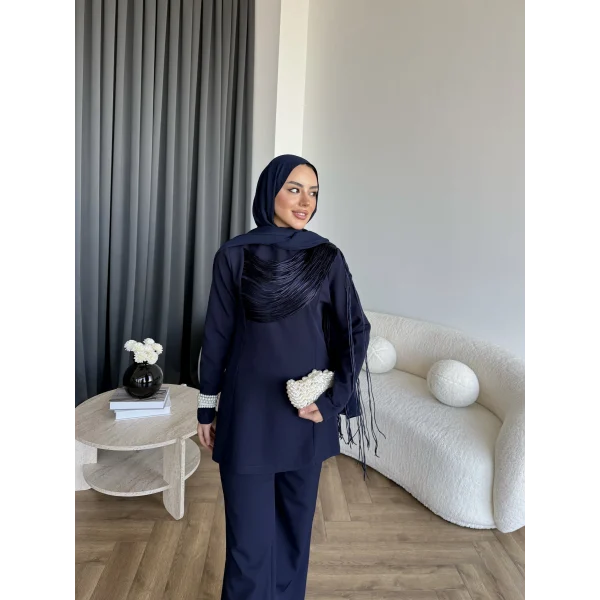 Fuş - Luxe Omuzu Püskül İpli Takım - Lacivert