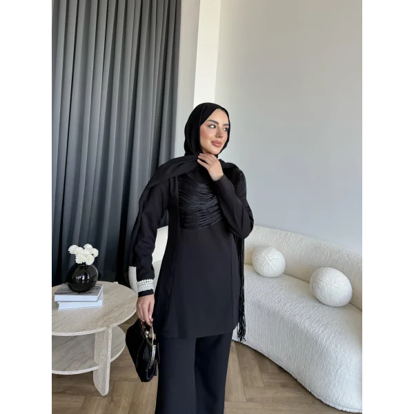 Fuş - Luxe Omuzu Püskül İpli Takım - Siyah