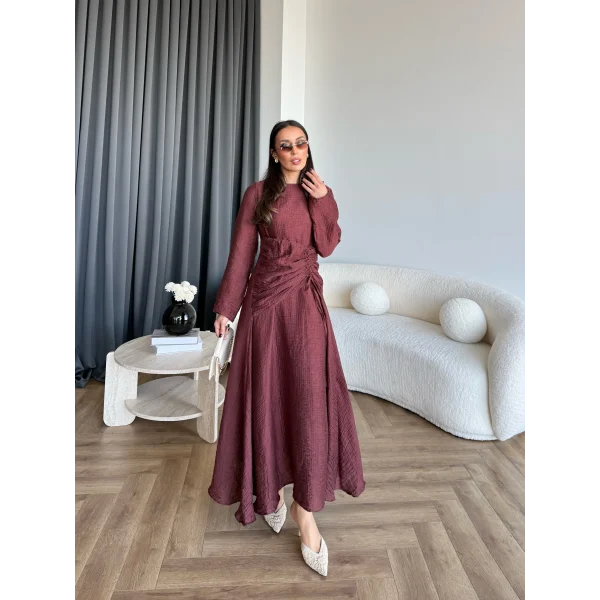 Pwn - Cavellia Büzgülü Elbise - Bordo