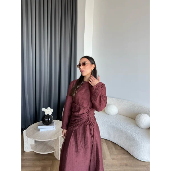 Pwn - Cavellia Büzgülü Elbise - Bordo