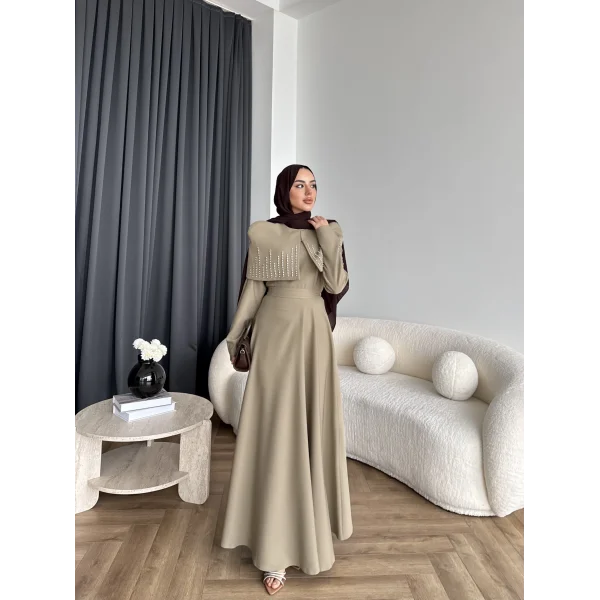 Fuş - Melafis Pelerin Taş Detay Elbise - Yeşil