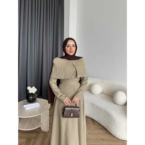 Fuş - Melafis Pelerin Taş Detay Elbise - Yeşil