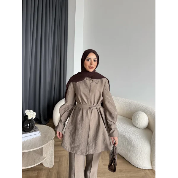 Fuş - Lisor Kol Taş Detay Takım - Vizon