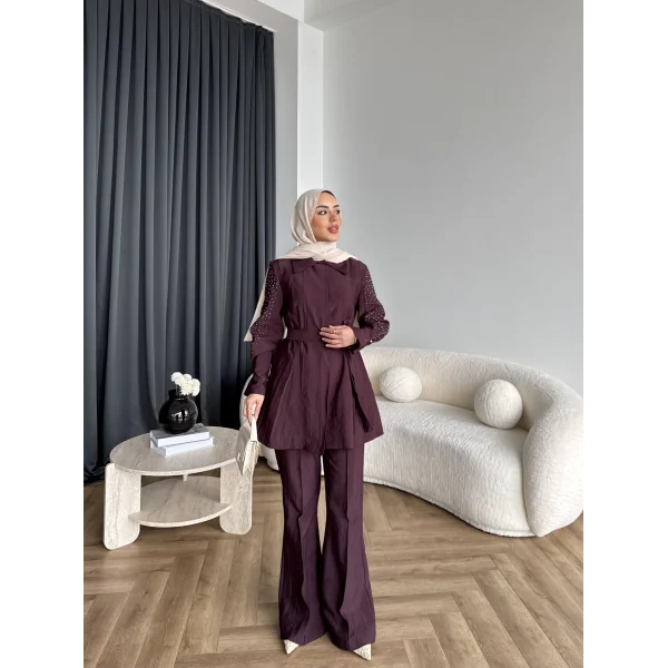 Fuş - Lisor Kol Taş Detay Takım - Bordo