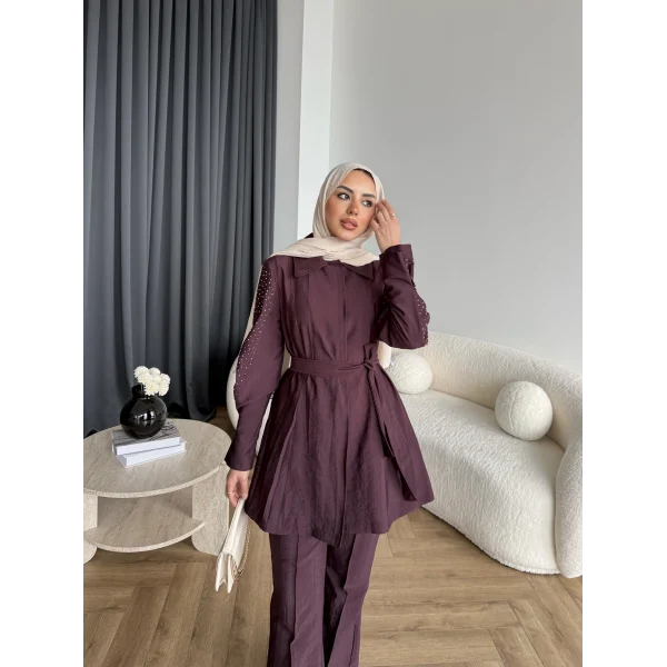 Fuş - Lisor Kol Taş Detay Takım - Bordo