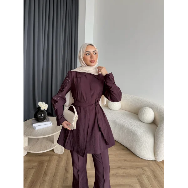 Fuş - Lisor Kol Taş Detay Takım - Bordo